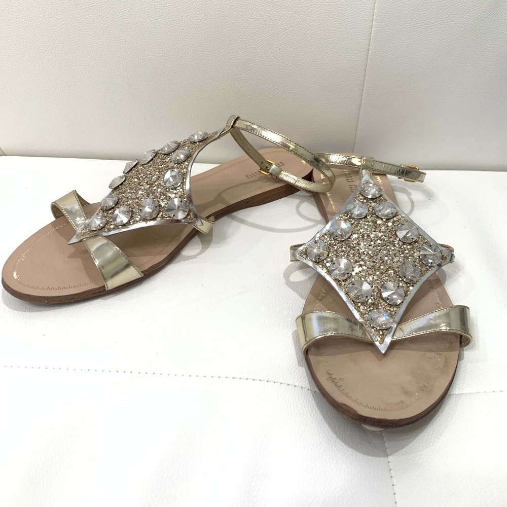 Miu Miu Gold Jeweled T-Strap Sandals